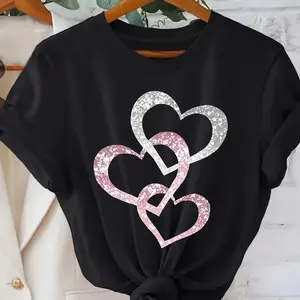 Silvery Pink Heart Pattern Printing This Product Is Designed As a Printing Pattern, Rhinestones Sequins Are Only for Visual Effect T-Shirt Short Sleeve Round Neck Casual Tops Summer Spring Women's