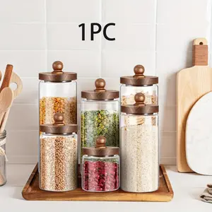 Glass Food Storage Containers Set with Wooden Lids Airtight Kitchen Jars for Candy Pasta Rice Spices 4 Sizes Includes Chalk Labels and Stickers