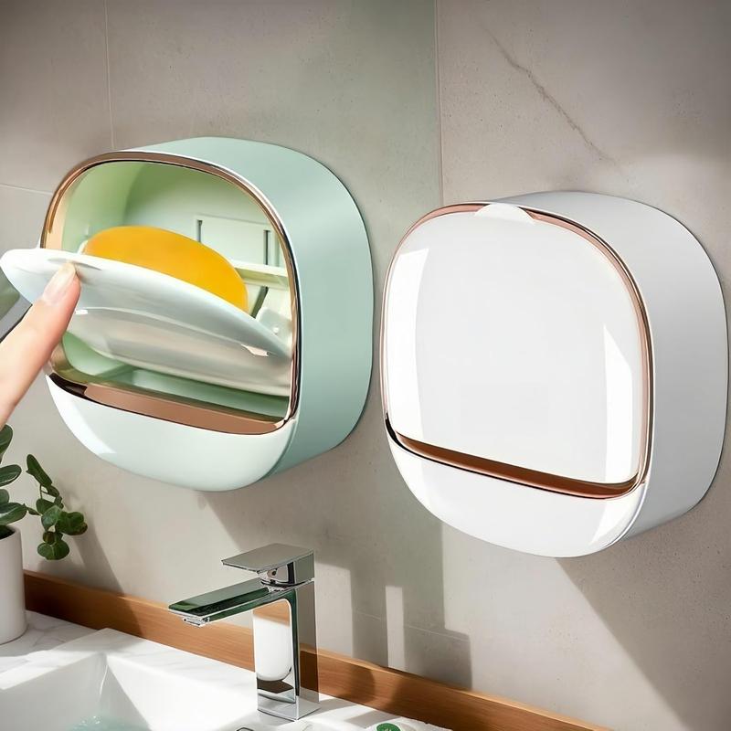 Soap Dish with Drain Box, Wall Mounted Soap Holder for Shower, Keeps Soap Dry, Waterproof Soap Box with Flip Lid for Shower, Punch Free Soap Bar Holder