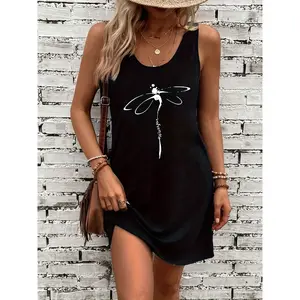 A Casual Sleeveless Dress with a Dragonfly Pattern, Suitable for Spring, Summer, And Autumn.