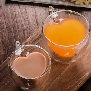 Heart Shaped Double Wall Glass Mug, Love Design Insulated Anti-Scald Clear Glass Cup, Food Grade BPA Free Lead & Cadmium Free Heat Resistant Drinkware for Tea Champagne Wine Espresso Coffee, Dishwasher Safe for Home Bar Party Wedding Daily Use