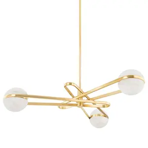 Kyomi Chandelier with Alabaster Globes and Vintage Brass Accent - Retro Glam Lighting Fixture