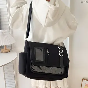 Fashion Casual Ita Crossbody Bag for Students, Lace-Up Slouch Shoulder Bag with Mesh Pocket & Clear Card Slot, Versatile Daily Commute & School Tutoring Bag