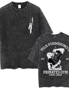 Men's streetwear, retro washed vintage anime patterned T-shirt, Round Neck, "TOJI FUSHIGURO", "PRIMATES GYM TOKYO, JAPAN" are trendy design slogans (echoing their physical strength with the concept of "gym") Casual