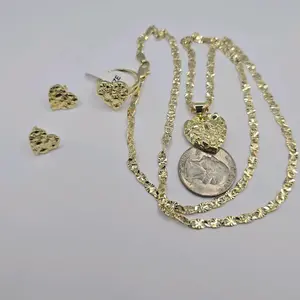 NUGGETS Heart Fashion Style Set Trio Chain Earrings with Ring, Gold-Plated, Sizes #8 & #9, Elegant Heart Design, Unisex Casual Accessory