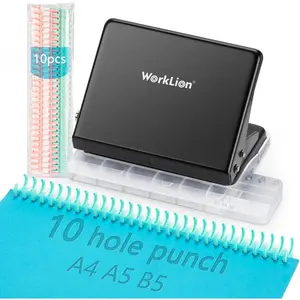 Binding Machine for Planner: Metal 10 Hole Punch & Multi Color 30 Hole Loose Leaf Binder Rings (10 pcs) for Making 26 Holes on B5 Paper, 30 Holes on A4, 20 Holes on A5 Book, Black