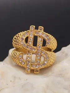 A golden stainless steel ring for a man with diamonds and 18K gold plating, a hip-hop rock party accessory
