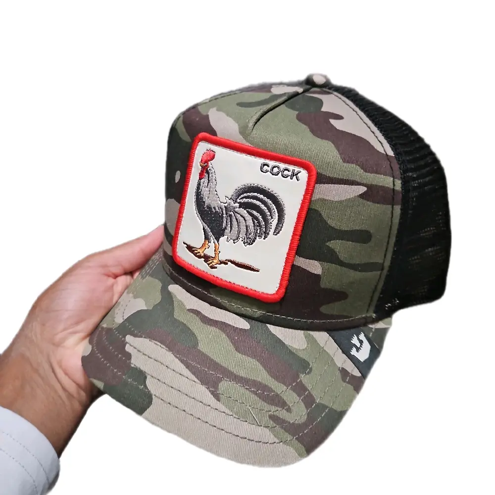 Goorin Bros Camo Trucker Hat with Rooster Patch and "COCK" Text Design