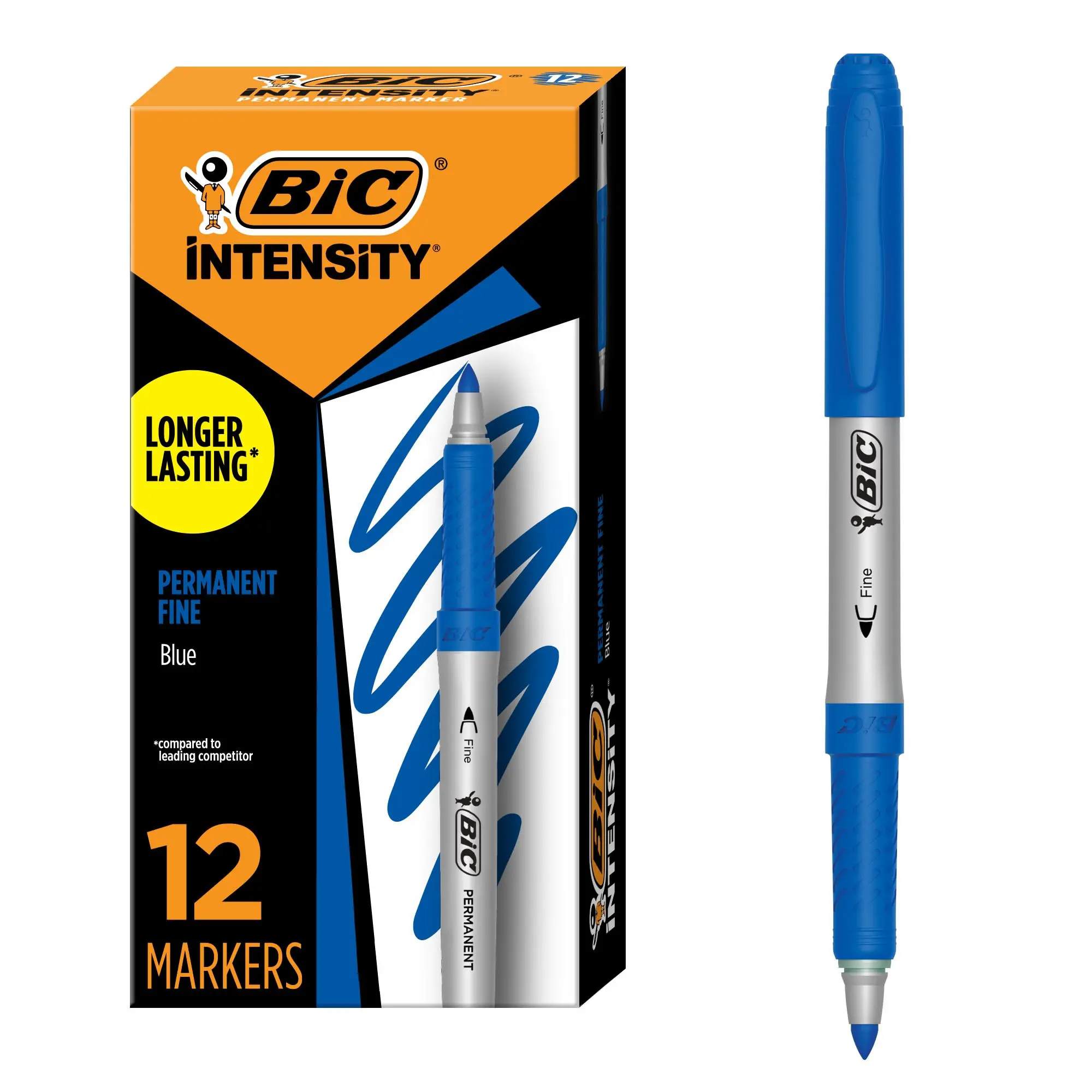 BIC Intensity Blue Permanent Markers - Fine Point, 12-Count Study Stationery Pack with Non-Slip Grip for Comfort and Control