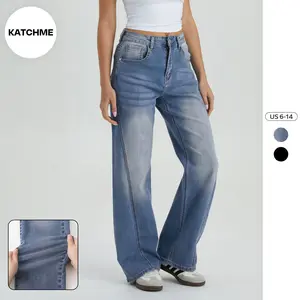 Katch Me Women's Basic High Waist Side Seam Wide Leg Jeans, Classy Multi-Pocket Denim Trousers, Versatile Women's Bottom, Streetwear Outfits