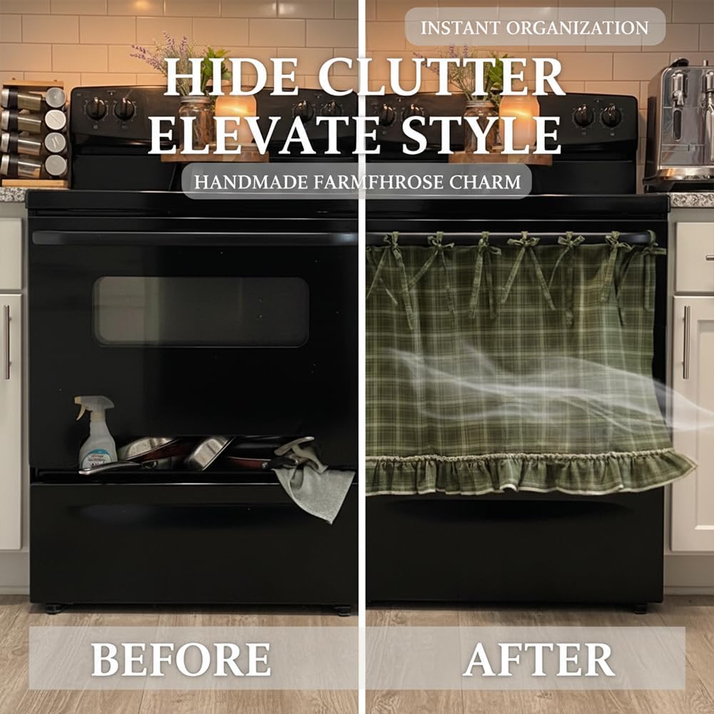 Handmade Oven Skirts Oven Skirt Curtain for Door, Oven Curtain Tie Top Farmhouse Kitchen Décor Heat-Resistant Effortless Install Hide Clutter for Oven,Dishwashers Washing Machine