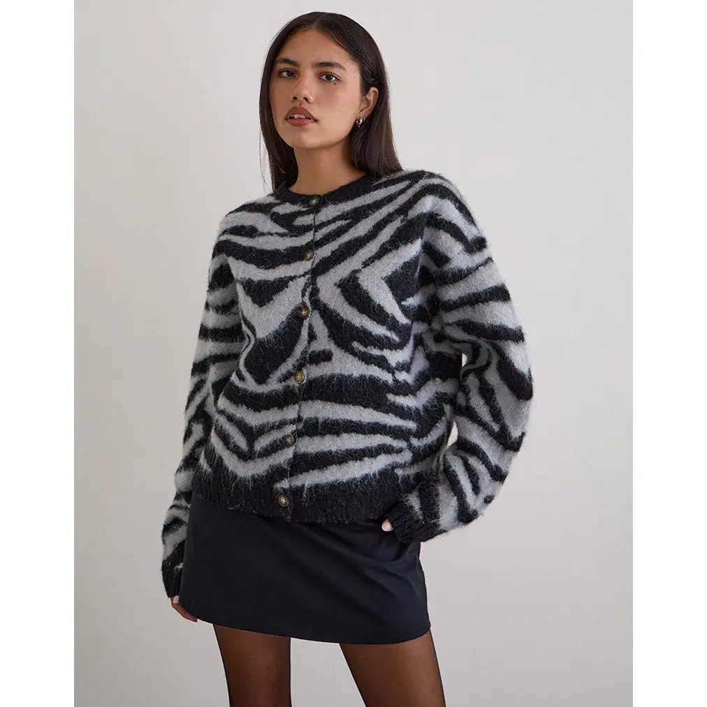 Liliana Cardigan in Knit Big Zebra Black and Grey