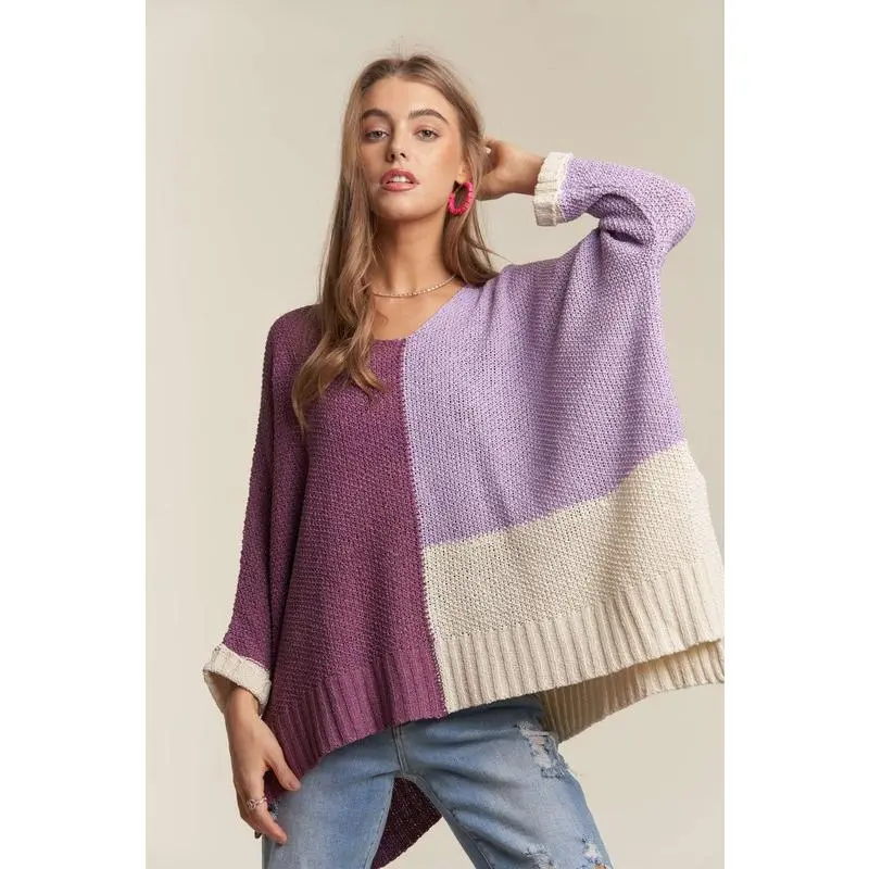 ADORA Side Slit Color Block Long Sleeve Sweater