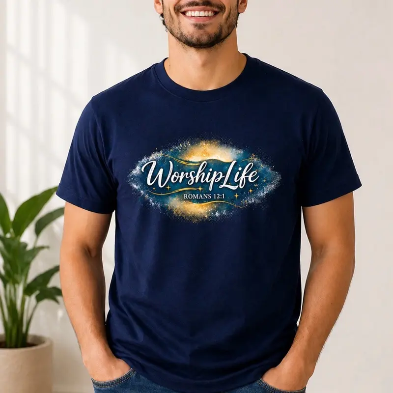 WorshipLife Mans Romans 12:1 T-Shirt for Men Navy Blue Comfortable Fit Classic Style Spiritual Message Casual Wear Tops