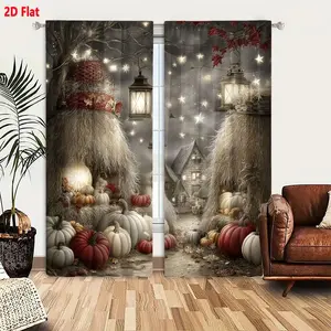 2D Flat 2 Pcs Autumn Halloween Curtain Set, Whimsical Fairy Tale Rustic Scarecrow Pumpkin Lantern Design, Glowing Lights & Red Leaves Tree Pattern, Magical Fall Festival Decor for Living Room Bedroom