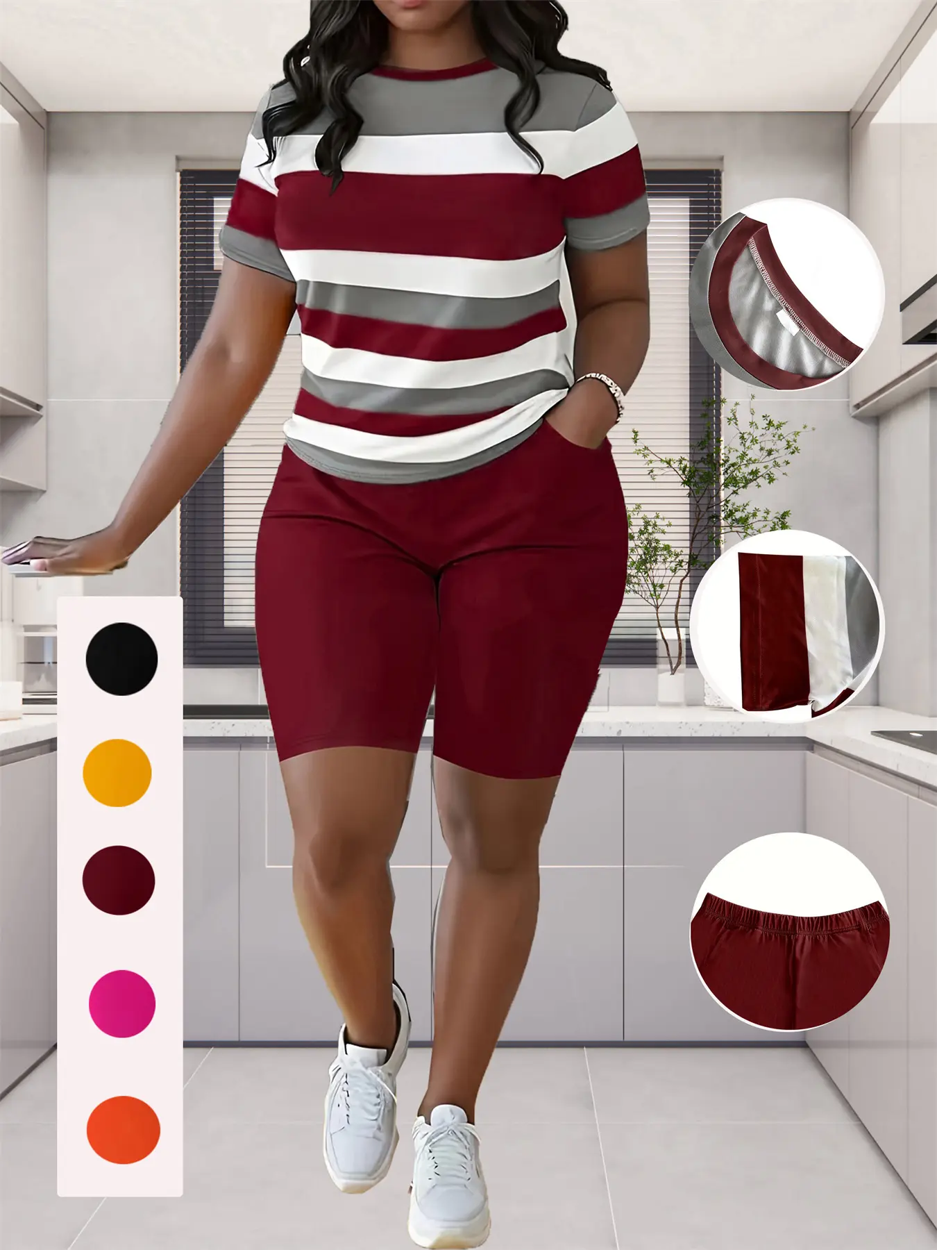 Women's Plus Size Cute 2-Piece Casual Outfits - Color Block Crew Neck Short Sleeve Top & Solid Pocket Shorts, Outdoor Spring Summer Track Suits Sweatsuits