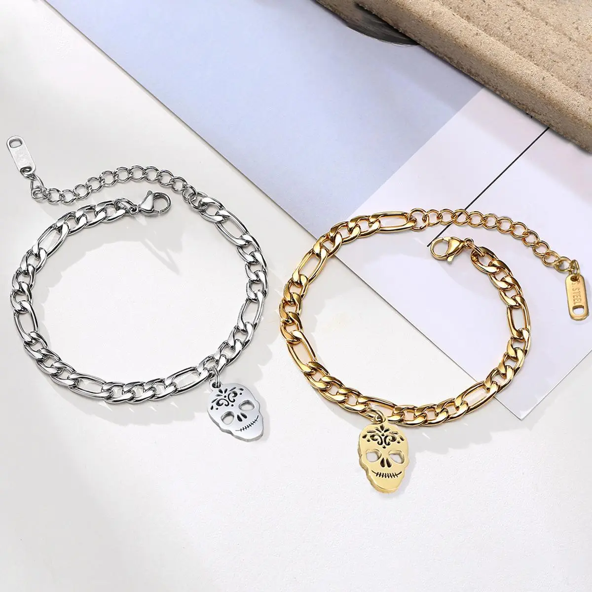 Punk Style Skull Cuban Chain Anklet, Golden and Silvery Dual Color Niche Personalized Anklet
