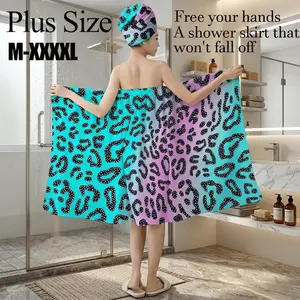 Plus Size M-XXXXL Turquoise & Purple Gradient Leopard Print Bath Wrap Skirt & Hair Towel Set, Non-Slip Adjustable Shower Skirt for Bathroom, Spa, Bachelorette Party, Summer Festival