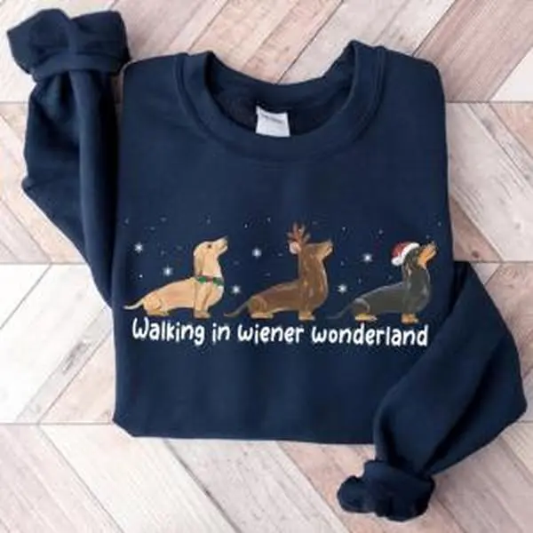 Walking In Wiener Wonderland Crewneck Sweater, Dachshund Christmas Sweatshirt, Wiener Dog Christmas Shirt, Gift for Dachshund Lovers, Christmas Dachshund Sweater, Sausage Dog Sweatshirt, Dachshund Crewneck, Dixie Mom