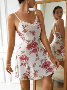 Sexy Lace Patchwork Mesh Sleeveless Dress, Floral Print Sleepwear, Elegant Nightgown for Women, Comfortable Home Wear, Womenswear
