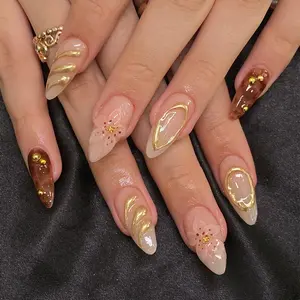 24pcs Long Almond 3D Floral Stylish Acrylic Nails Press-On Set, Pearl Embellished Gel Design, Easy Wear, Perfect for Parties and Daily Use