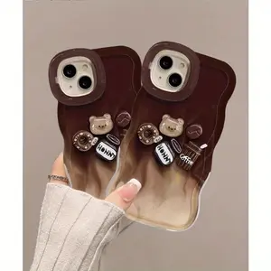 Faded 3D Coffee Bear Invisible Double Bracket + Brown Lanyard Phone Case for iPhone 16, 15, 14, 13, 12, 11 ProMax, Plus, Pro