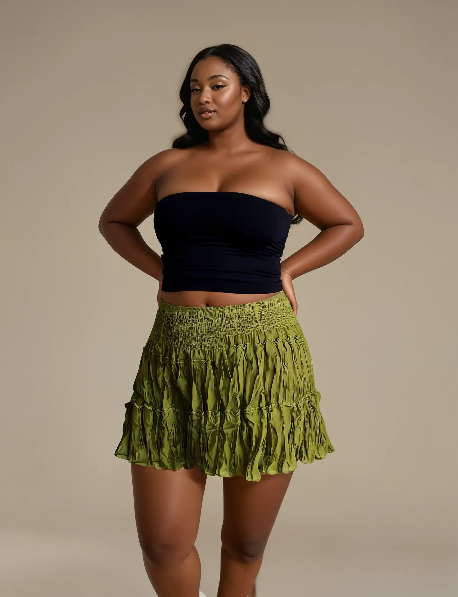 Moss Green Crinkle Crush Skirt High Waist Fitted Mini Y2K Style Textured Summer Wear