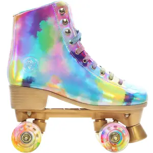 JajaHoho Roller Skates for Women, Holographic High Top PU Leather Rollerskates, Shiny Double-Row Four Wheels Quad Skates for Girls and Age 8-50 Indoor Multicolor (Rainbow)