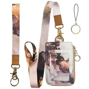 Marble ID Badge Holder with Lanyard,Card Name Tag Holders with Zipper,Vertical Lanyard Wallet for Work Office Nurse Doctor Medical Student Teacher Women Men