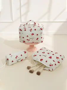 Fashion New Handheld Compact Makeup Bag, Cute Cherry Print, Portable Toiletries Storage Pouch, Inner Pocket Design, Travel Cosmetic Organizer