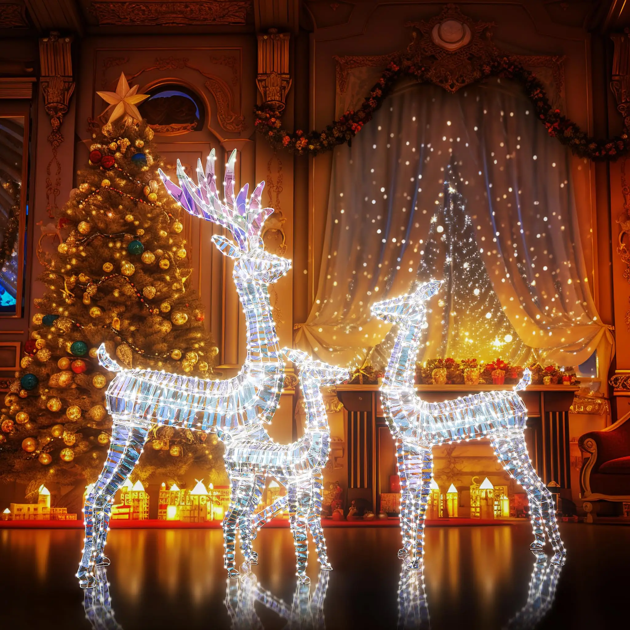 Lamerge Lighted Reindeer Family Set of 3, Light up Christmas Decoration Deer with 230 LED Lights and Ground Stakes, Indoor or Outdoor Christmas Holida