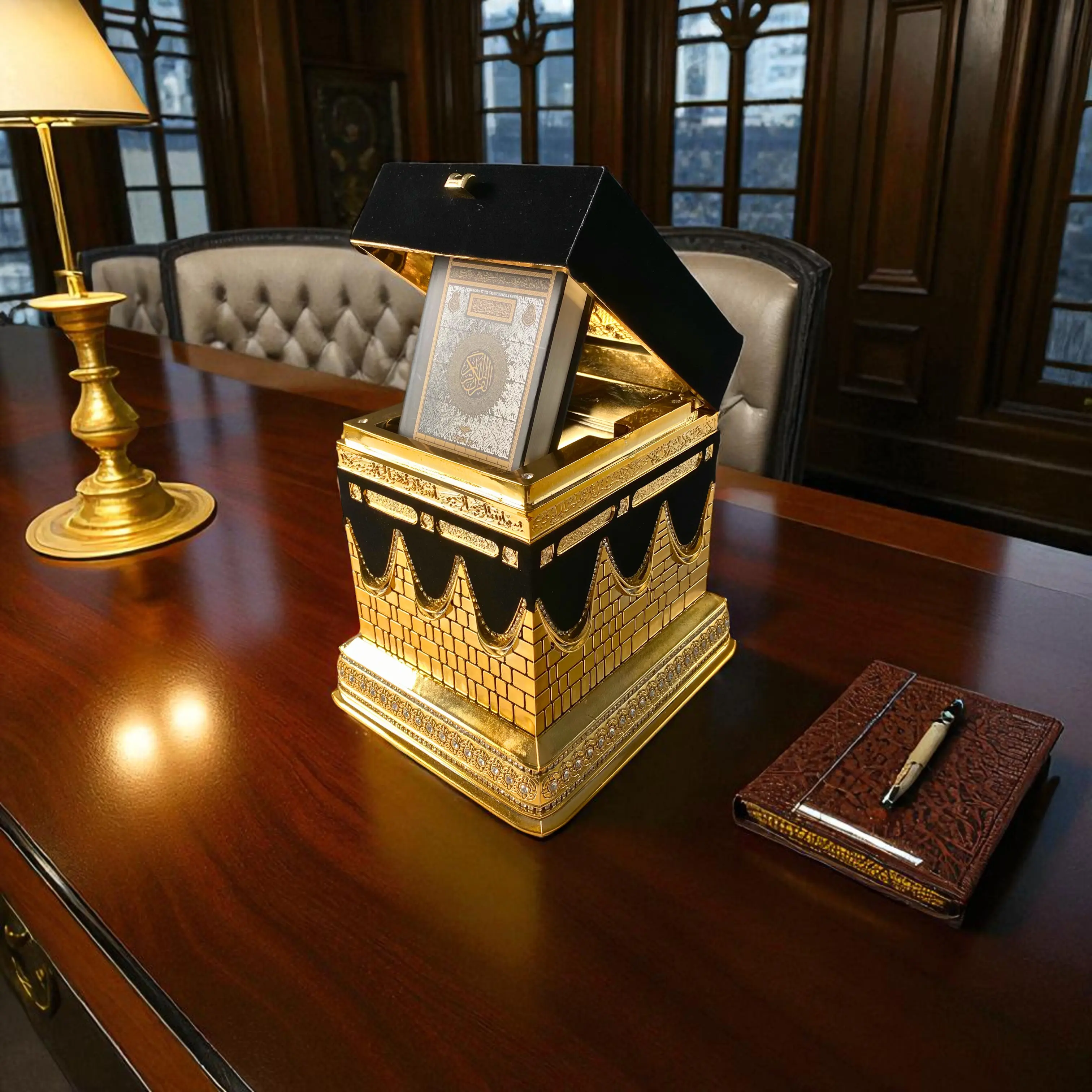 Luxury Kaaba Quran Set - Elegant Religious Decorations with Gold-Plated Mini Quran, Black Velvet Accents, Ornate Religious-Themed Decor Box for Wedding Gifts, Ornate Religious-Themed Religious Decorations