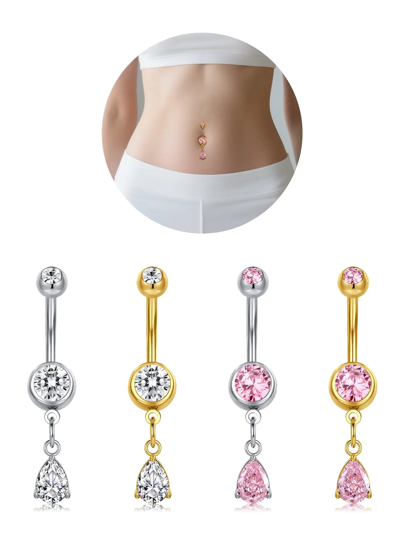 Dangle Belly Button Rings Belly Piercings Silver Gold Hypoallergenic Floating Navel Ring Belly Rings Dangling Stainless Steel 14g Navel Jewelry for Women Navel Rings Teardrop Body Piercings