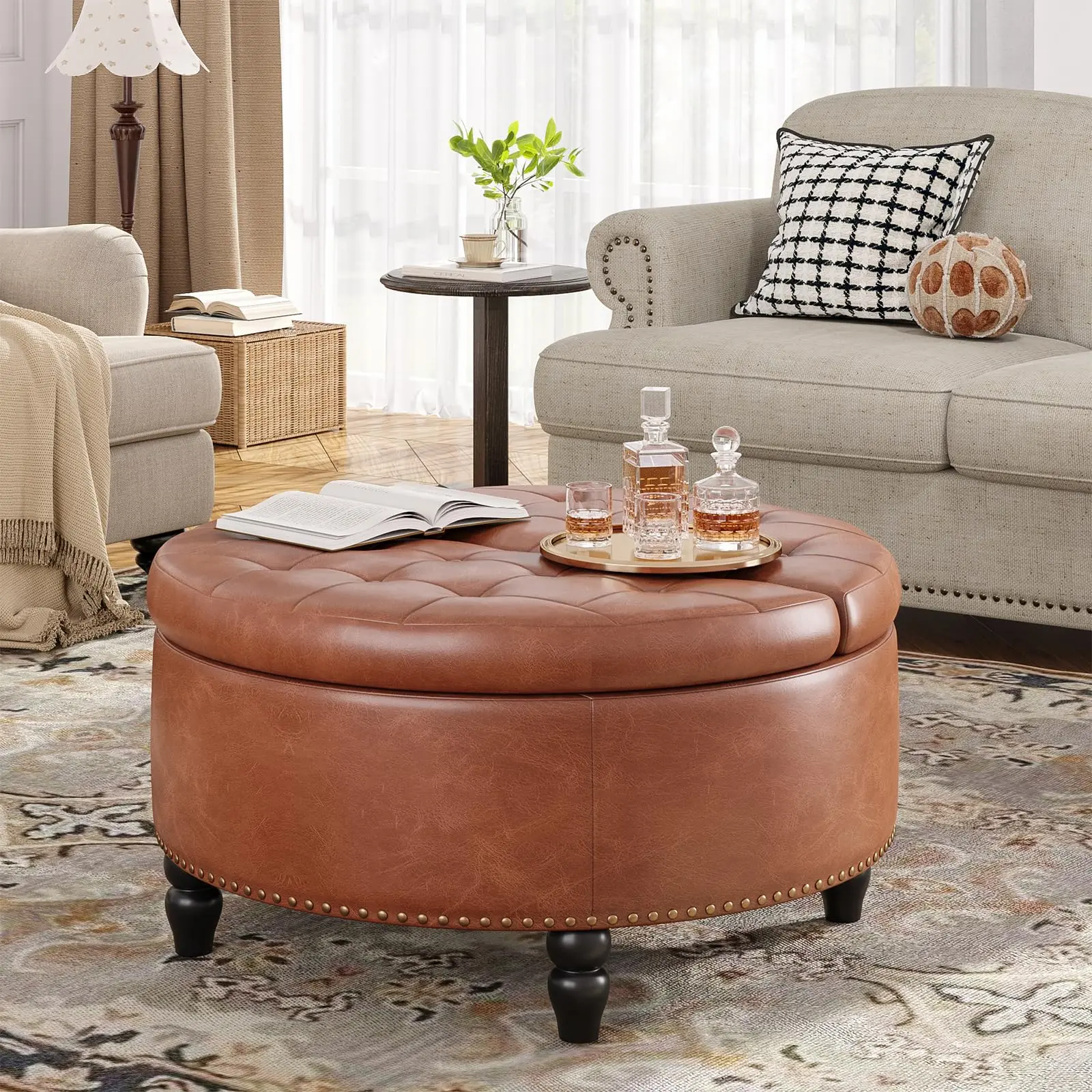 [Summergarden] Vabches 30-Inch Large Round Storage Ottoman, Modern Leather Lift-Top Coffee Table, Upholstered Button-Tufted Footstool with Storage for Living Room