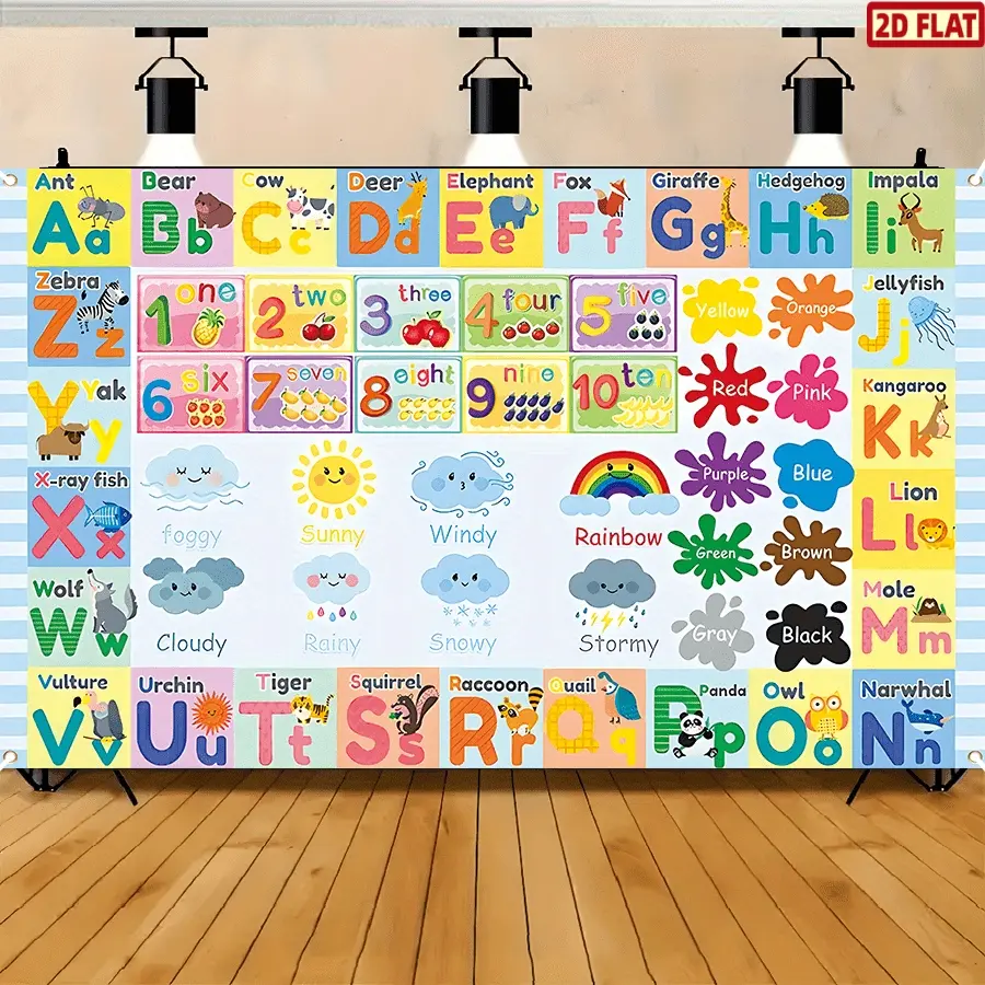 2D Flat Banner, 1pc Educational Background for Children Featuring ABC Alphanumeric And a Rainbow of Animal Colors, Suitable for Kindergarten Home Schooling Supplies, Alphabet Wall Chart, 180Cm * 110Cm/70. 8In * 43. 3In, Designed fo