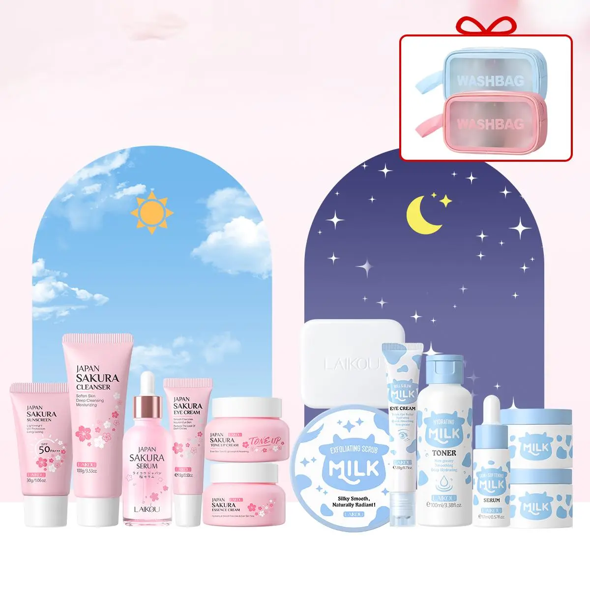 Sakura & Milk Skincare Set for Teen Girls 10-12, 1 Set Day & Night Skincare Kit, Including Facial Cleanser, Eye Cream, Serum, Moisturizer,  Scrub, Makeup Bag, Hydrating & Nourishing Travel-Friendly Daily Facial Skincare Routine