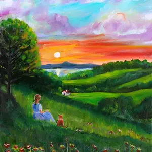Dreamy Sunset Landscape Print with Girl & Cat, Cottagecore Wall Decor, Peaceful Nature Scene, 14"x18"