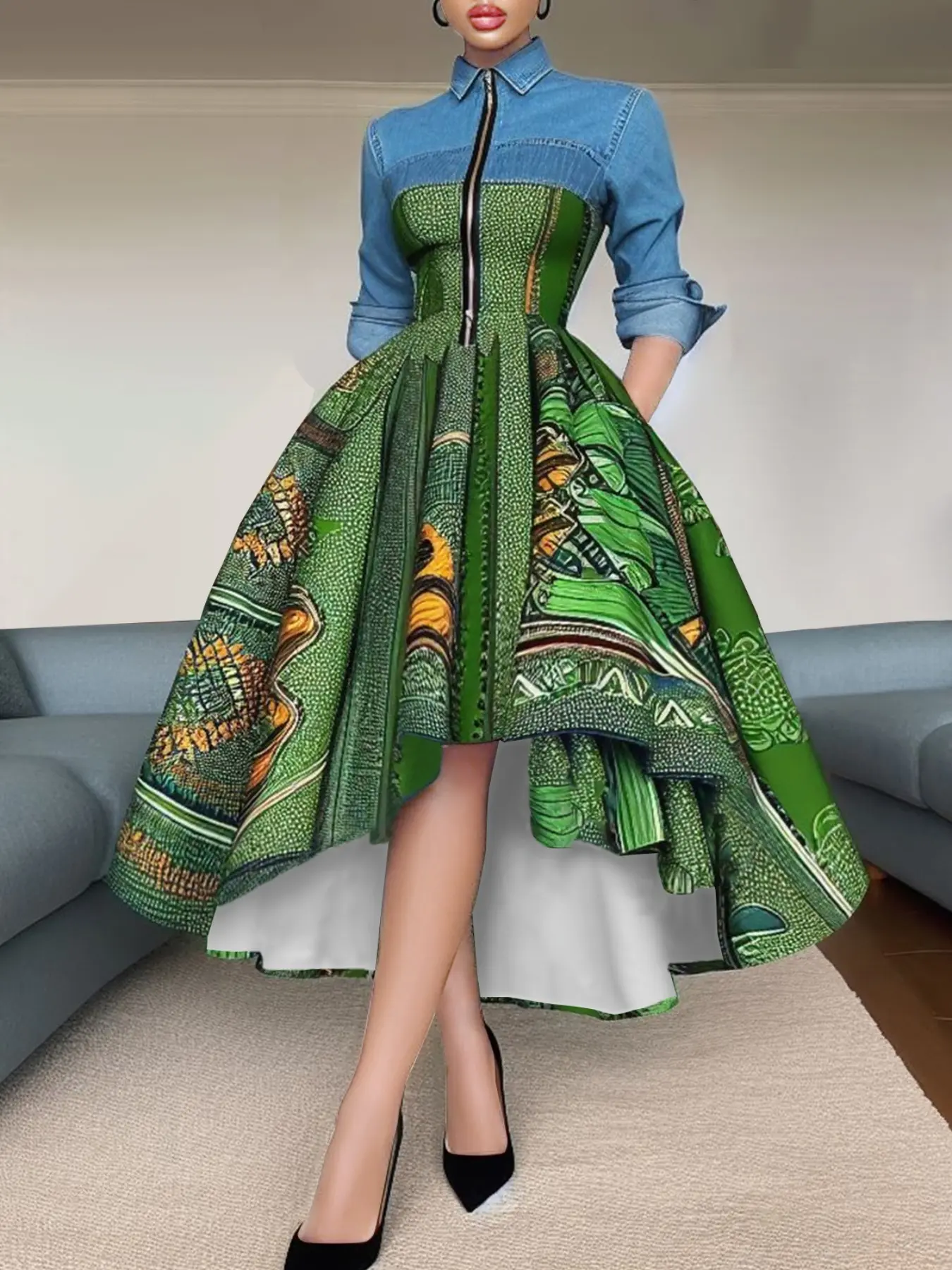 Women's Elegant Chic Patchwork Evening Party Dress, Long Sleeve Stand Collar Design, Slim-Fitting Party Gown Formal Wear, All Seasons Fashion Womenswear, Lady, Elegant Party Apparel
