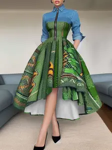 Women's Elegant Patchwork Dress, Long Sleeve Stand Collar Design, Slim-Fitting Party Gown, All Seasons Fashion