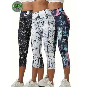 Autumn-Winter Three-Pack Marble Tie-Dye, Women's Capri Sports Leggings with Pockets and Tummy Control, High-Waisted Yoga Leggings for Body Shaping and Line Optimization