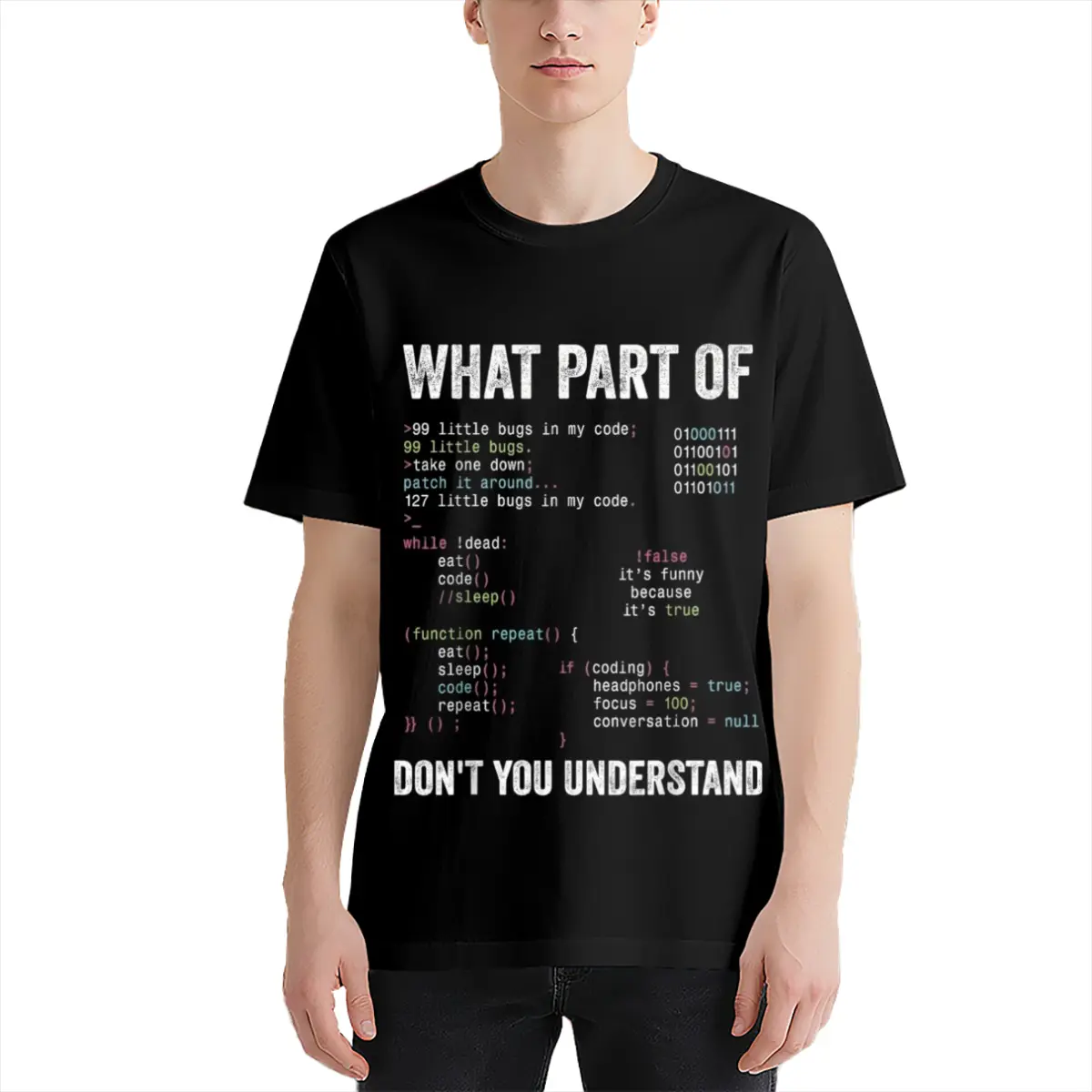 Men's Programmer Humor T-Shirt, Printed with Funny Code Snippets, 180Gsm Black Heavy Tee Regular Fit Developer Style Shirt, Great Gift for Computer Majors, Ideal Casual All-Season Wear for Coders And Tech Lovers