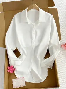 Elegant Casual Summer Shirt Blouse Top for Women, Solid Color Single Button Notch Lapel, Asymmetrical Hem Design, Long Sleeve, Daily Wear