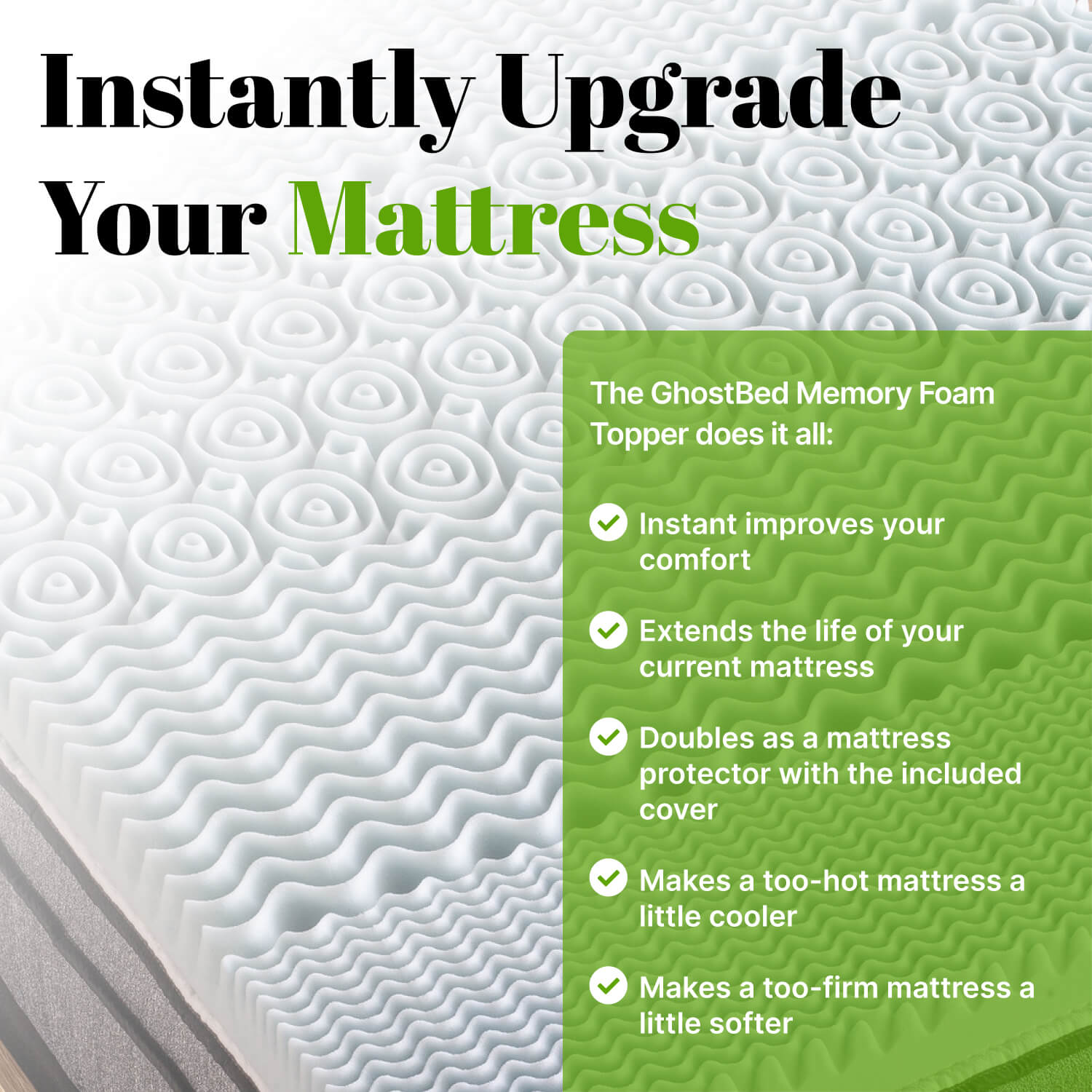 GhostBed Memory Foam Mattress Topper - Cooling Gel Memory Foam Plus Water-Resistant Protector Elastic Cover