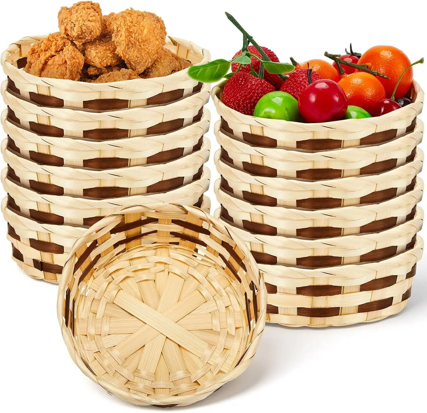 12 Pack Small Round Woven Bamboo Wicker Stackable Food Storage Serving Baskets for Restaurant Party Picnic Wedding