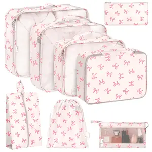 8 Set Packing Cubes for Travel, Luggage Packing Organizers Accessories Large Toiletries Bag for Clothes Shoes Cosmetics (8Set-Pink Bow)