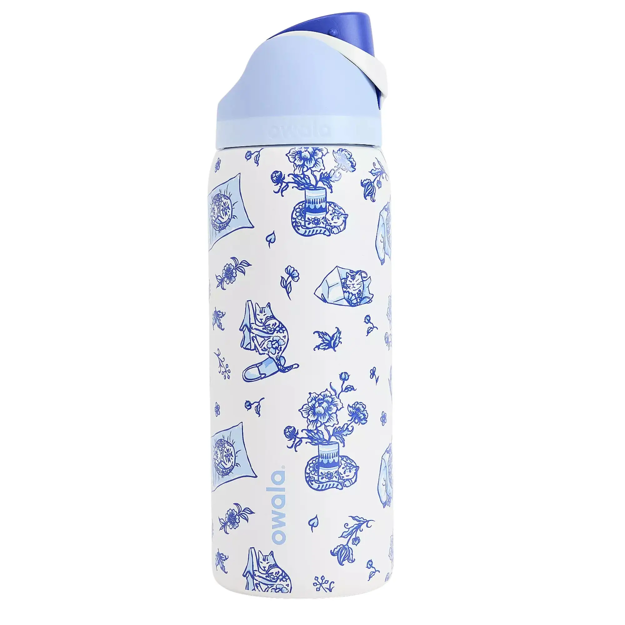 32 oz FreeSip Water Bottle with Stylish Exclusive Delft Cat Print, Kitchenware Drinkware Accessory