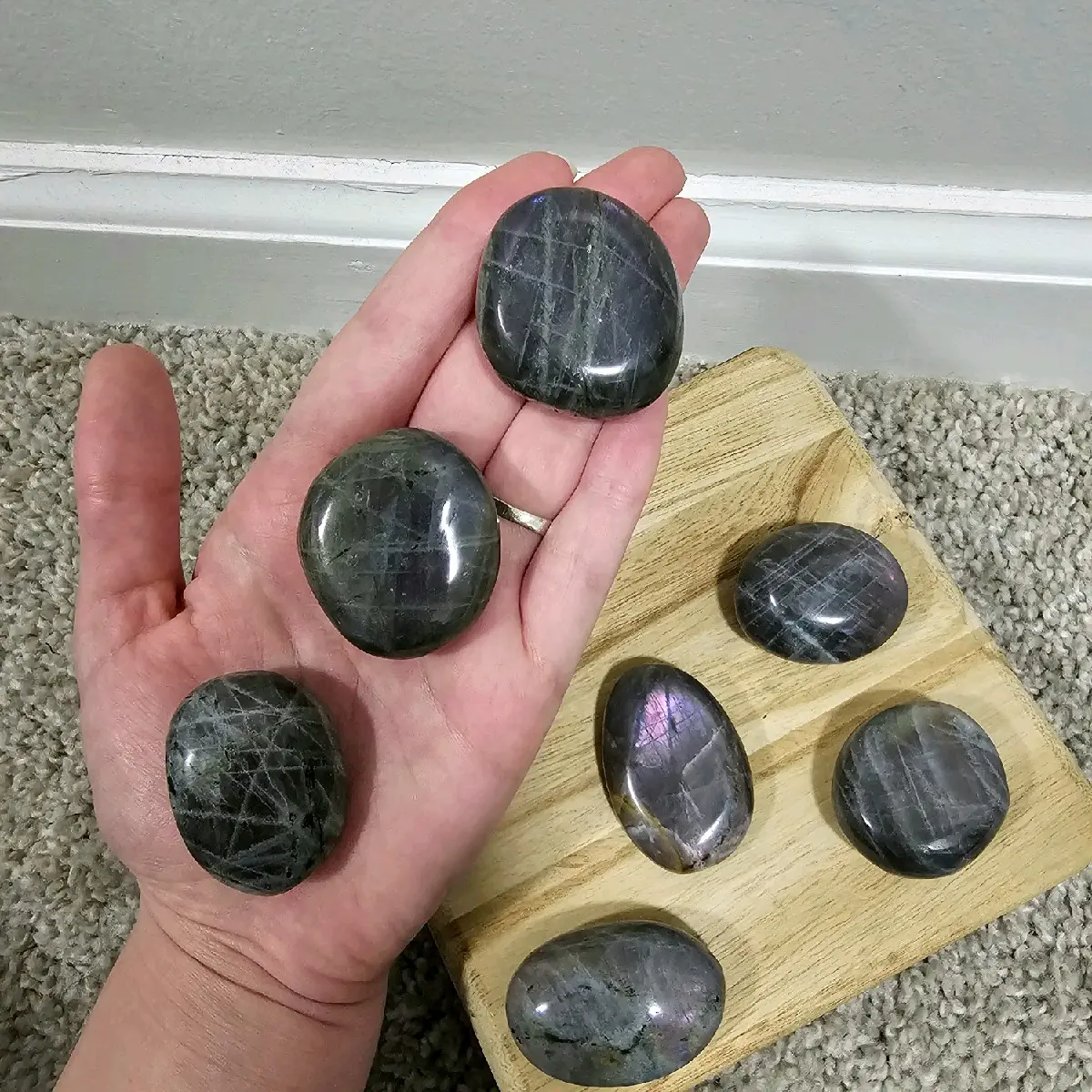 Sunset Labradorite Crystal Palm Stone Carving Large