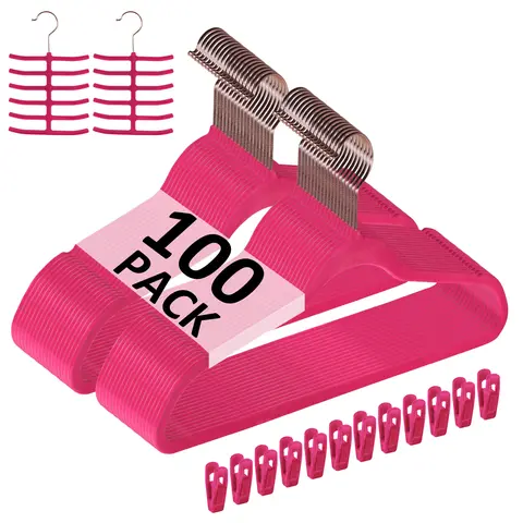 VECELO Rotatable Clothes Hangers Set, Anti-Crease Velvet Surface, Anti-Skid, 360° Hook, 8kg Capacity, Thin Durable with Free Heavy-Duty Hanger Accessories, Bedroom Closet Organizer (100/50/30 Pack) for Coats, Dresses