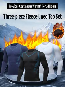 Men's 3-piece Thermal Set Featuring Crew Neck Striped Sports Top Fleece-lined Loungewear for Autumn Winter Fashionable Trendy Street Style thermal coverall Wool Thermal Base Layer Set