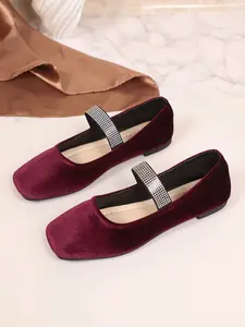 New Fashion French Rhinestone Mary Jane Shoes, Velvet Square Toe Flat Shoes, Women's Versatile Soft Sole Ballet Flats, Low Ankle Heel